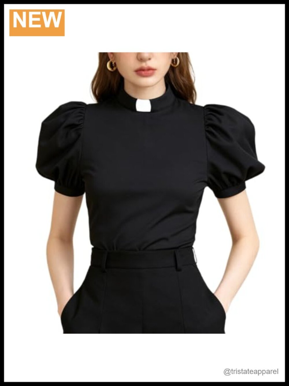 Women's Church Clergy Top Tab Collar Short Puff Sleeve Blouse